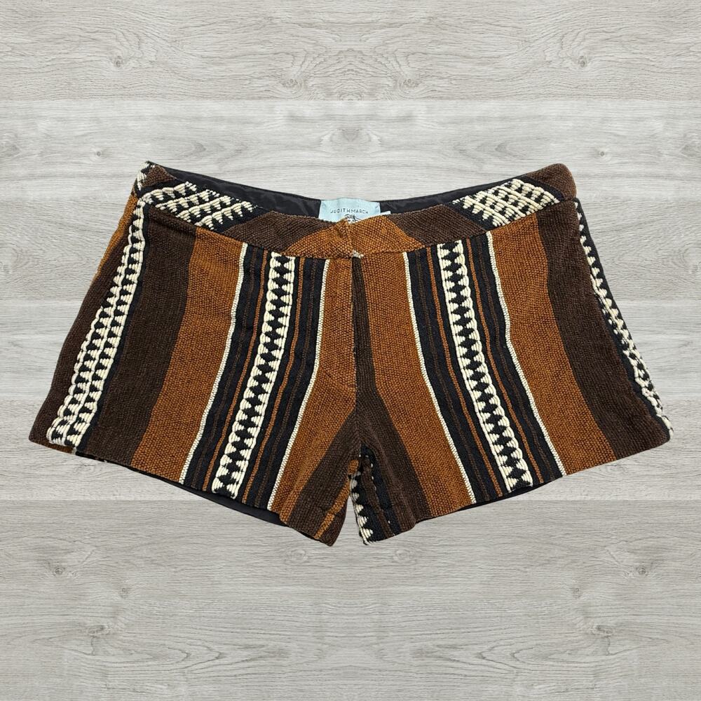 Judith March Brown Geometric Striped Boho Shorts Woven Aztec Textile Size Large - Picture 2 of 10